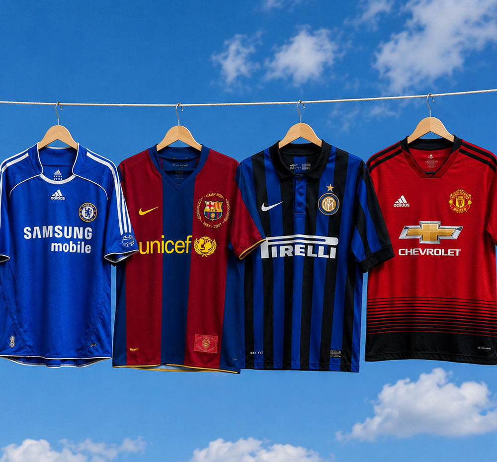 Football shirts hanging on a washing line with a clear blue sky on the background