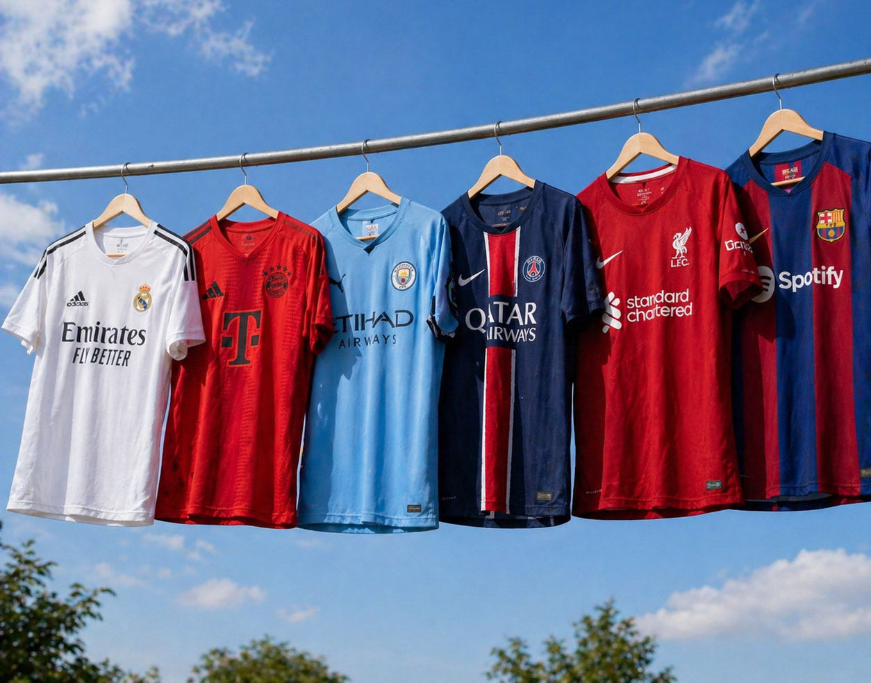 Football shirts from various clubs hanging on a clothing rail outdoors